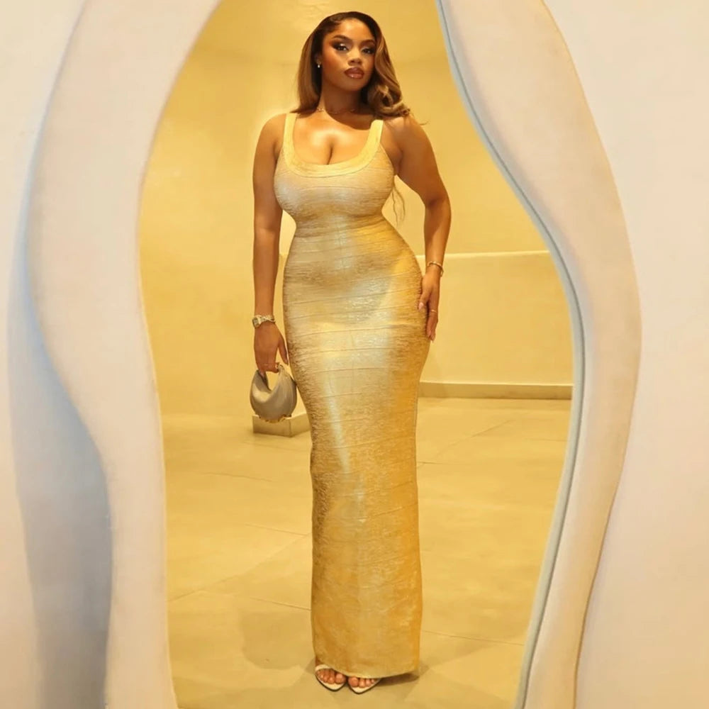 Fashionable Hot Stamping Women Spaghetti Strap Bandage Dress Celebrity Party Maxi Dresses