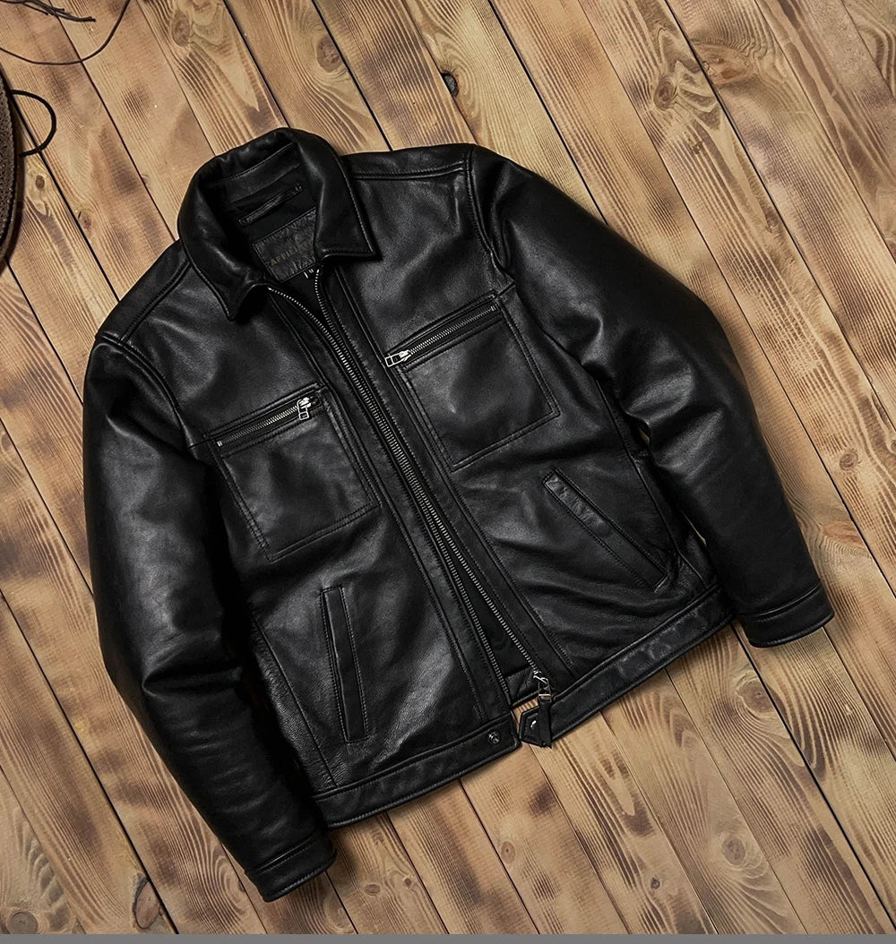 Black Autumn Leather Jacket Men Smart Casual Style Plus Size 5XL Genuine Natural Sheepskin Turn-Down Collar Leather Coat