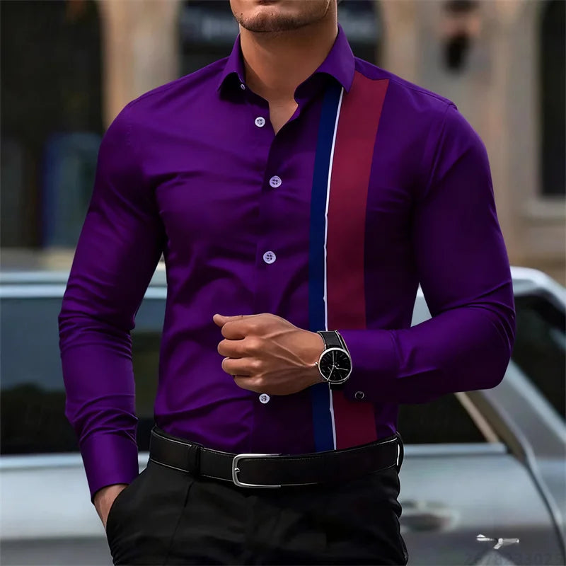 Men's fashionable contrast color striped long sleeve shirt European and American style business casual trendy casual men's shirt