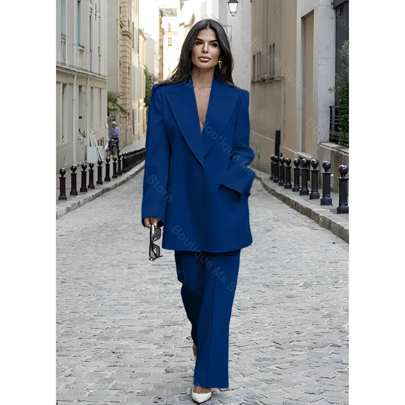 Chic Loose White Single Breasted Women Pants Set New Female Two Pieces(Blazer+Trousers) conjuntos femininos elegantes
