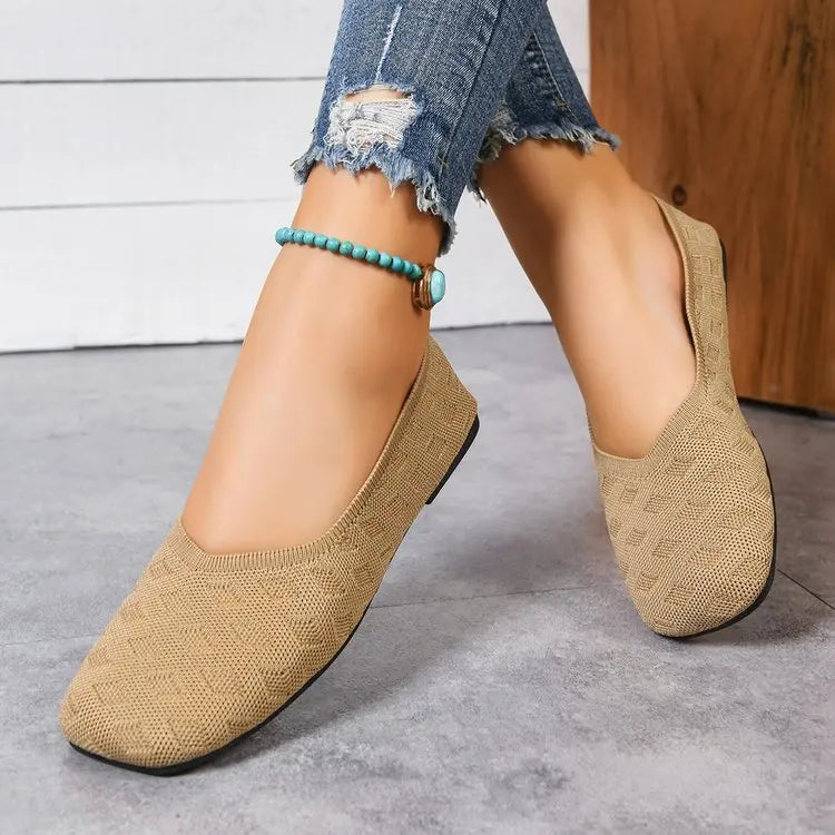 New 2026 Spring/autumn Square Toe Flat Office Boat Solid Color Knitted Slip on Shoes Casual Ballet Flats Shoes Women Loafers