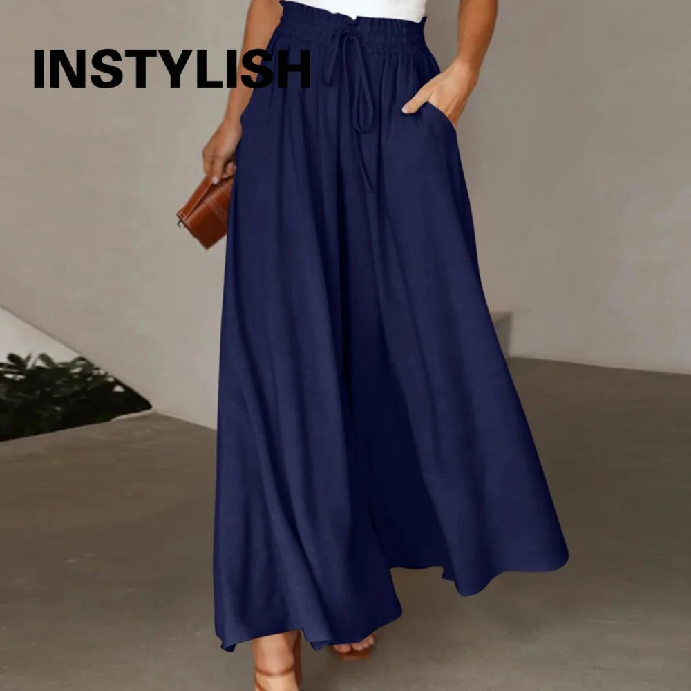 Women Casual Elastic Waist Wide Leg Pants Summer Elegant Drawstring Loose Straight Trouser Elegant Solid Pants Vacation Beach