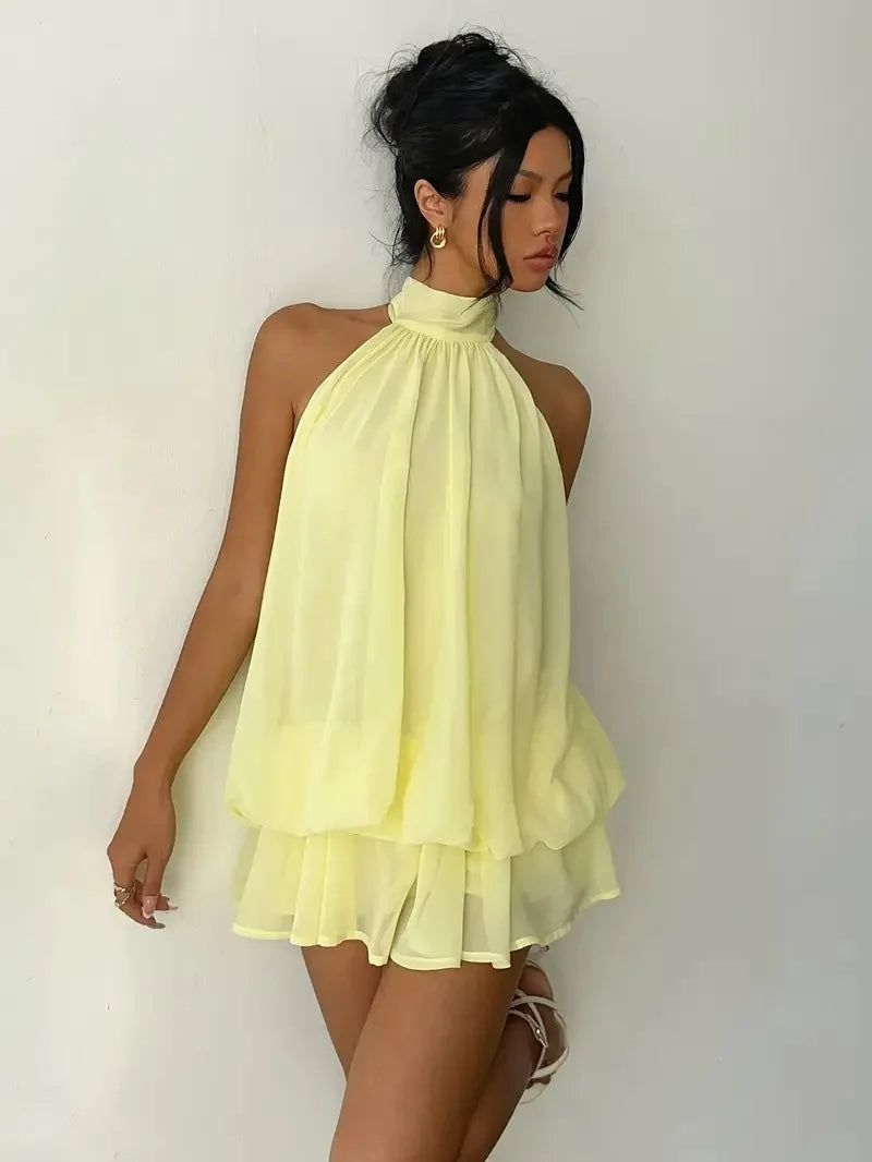Women Halter Neck Backless Tie Mini Dress Summer Sleeveless Chiffon Ruffle Short Dresses Sexy Club Party Beach Vacation Outfit