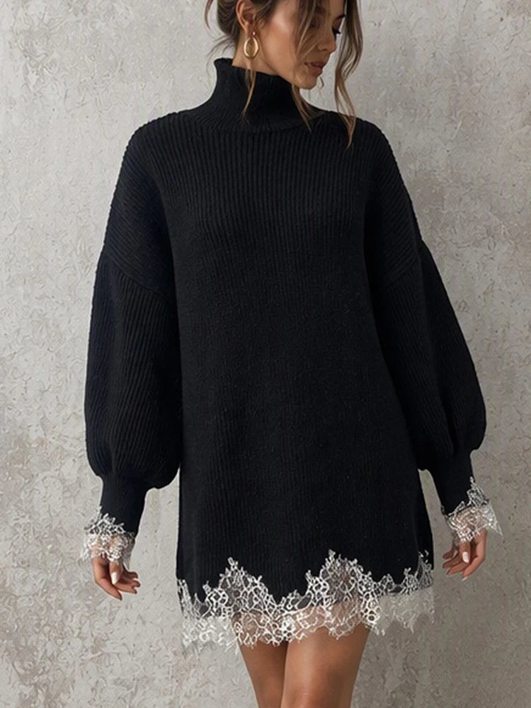 Women's Black Knitted Turtleneck Sweater Dress Lace Splice Mini Dress Fashion Spring Autumn Vintage Casual Retro Loose Dress