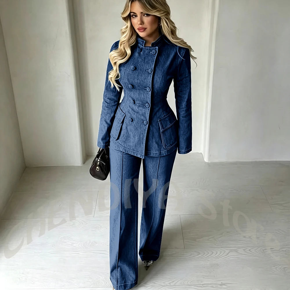 Women‘s Dark Blue Denim 2-Piece Suit Set Tailored Double Breasted Stand Collar Smart Casual Streetwear Chic Daily Outfits