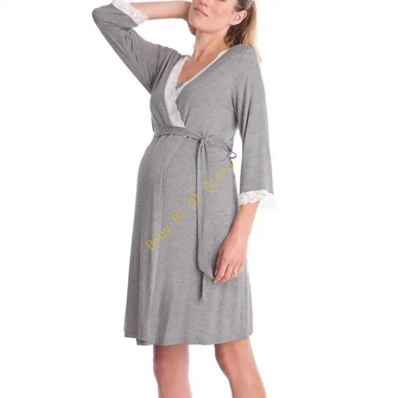 Pregnant Women Maternity Robe Nightgown Sleepwear with Adjustable Belt Nursing Breathable Cotton Pajama Dress 11UC