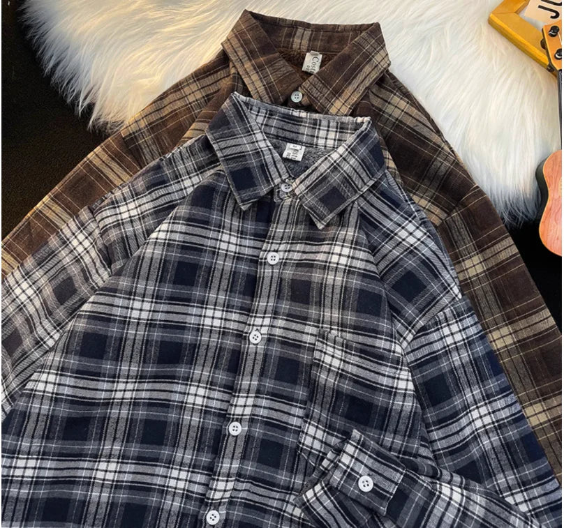 New 2026 Autumn and Winter Plus Velvet Thick Warm Plaid Shirt Men's Long Sleeved Japanese Retro Trend Loose Casual Shirt Jacket