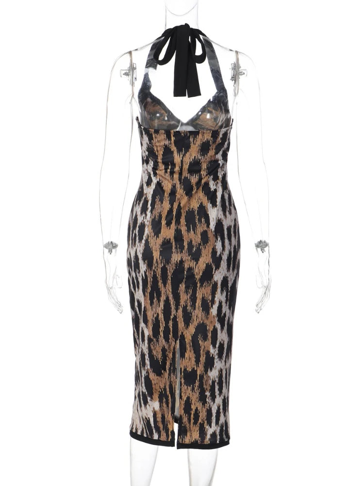 FDYOUI Fashion Halter Bodycon Leopard Dress Party Night Club Outfit Women Sexy Sleeveless Backless Midi Evening Prom Dresses