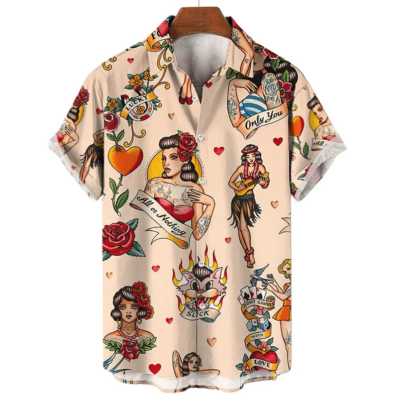 3D retro digital printed men's lapel short sleeved shirt