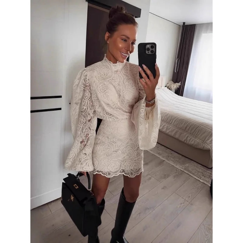 Spring 2026 Women's Lace Hollow out Mini Dress Two-Piece Set with Elegant Long Sleeve High Neck Design Chic Club Night Outfit