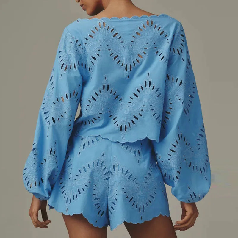 Women Solid Cropped Top 2 Piece Matching Set Round Neck Puff Sleeve Eyelet Hollow Hem Shorts Outfits Casual Summer Resort Outfit