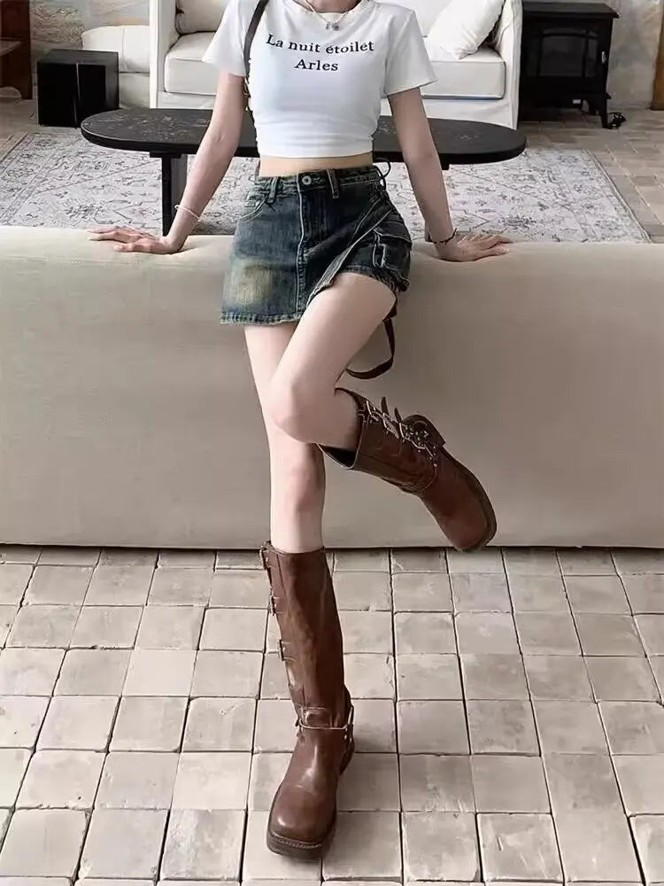 High Waist Retro Irregular Denim Skirt Pants Women's Summer New Spice Girl Versatile Short Skirt Pants