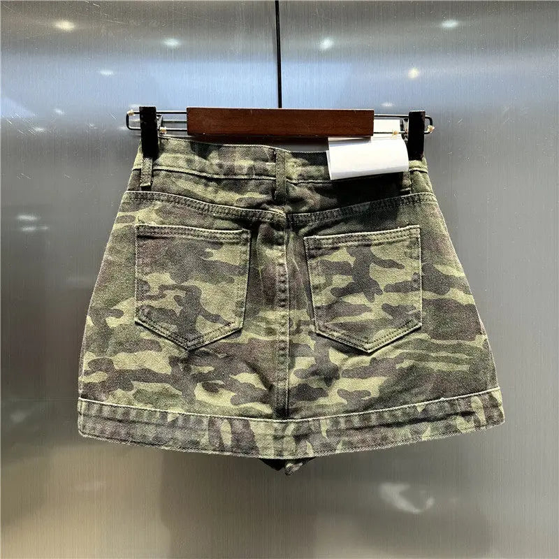 Summer Women's Camouflage Denim Skirt American Casual Fashion Retro Irregular Splicing Single Breasted Slim Short Skirts