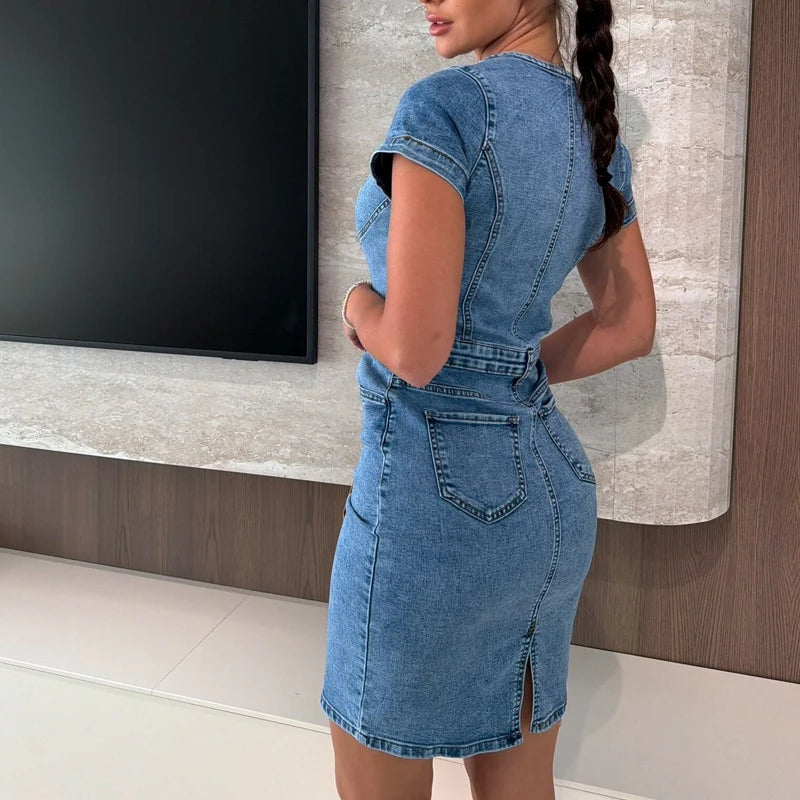 Casual Short Sleeved Button High Waist Summer Dress Fashion Pocket Solid Denim Dresses Office Lady Square Neck Slim A-line Dress