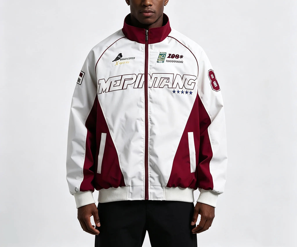 Men's Retro Racing Jacket Stand Collar Zip-Up Streetwear Oversized Colorblock Print Biker Coat Spring Autumn Fashion