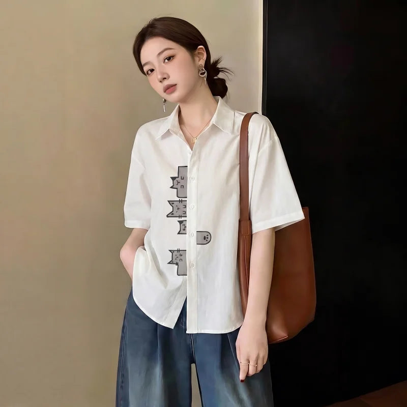 Khaki Short Sleeve Shirt Women's Shoulder Length Cover Belly Summer New Style plus Size Fat MM Age Reduction Top Commute Style