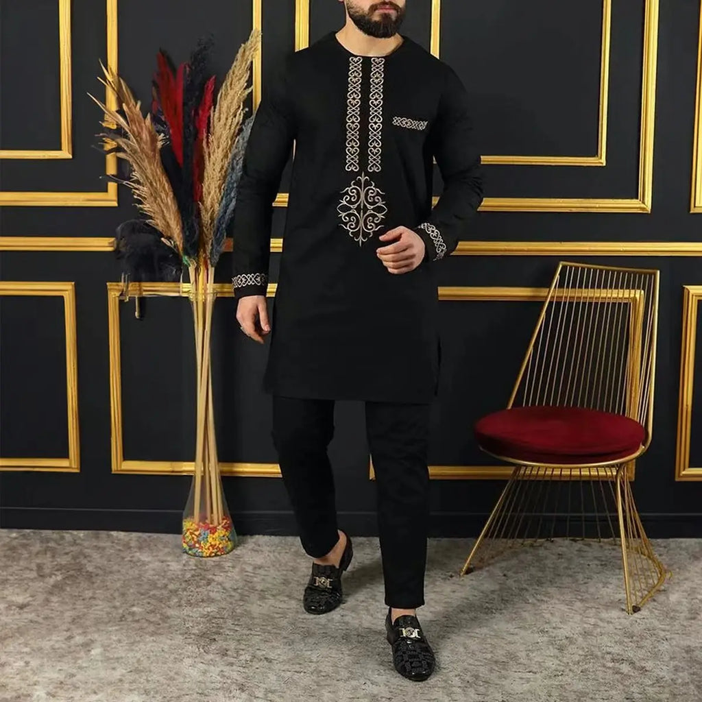 2024 Luxury Men's Suit Set Kaunda Suit Tuxedo Outfits Pocket Top Pants African Ethnic Wedding Gentleman 2pcs Sets Suit Outfits