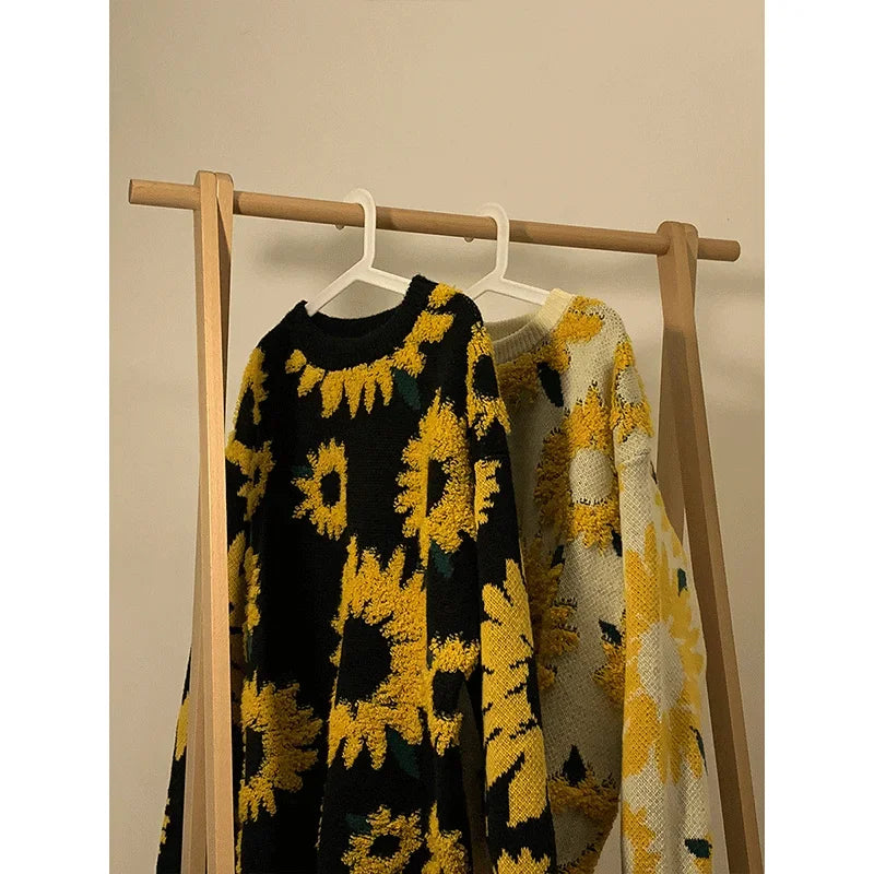 Flocking Floral Sweaters Men Baggy Spring Autumn Japanese Style Retro   High Street Harajuku Knitwear Slouchy Ins