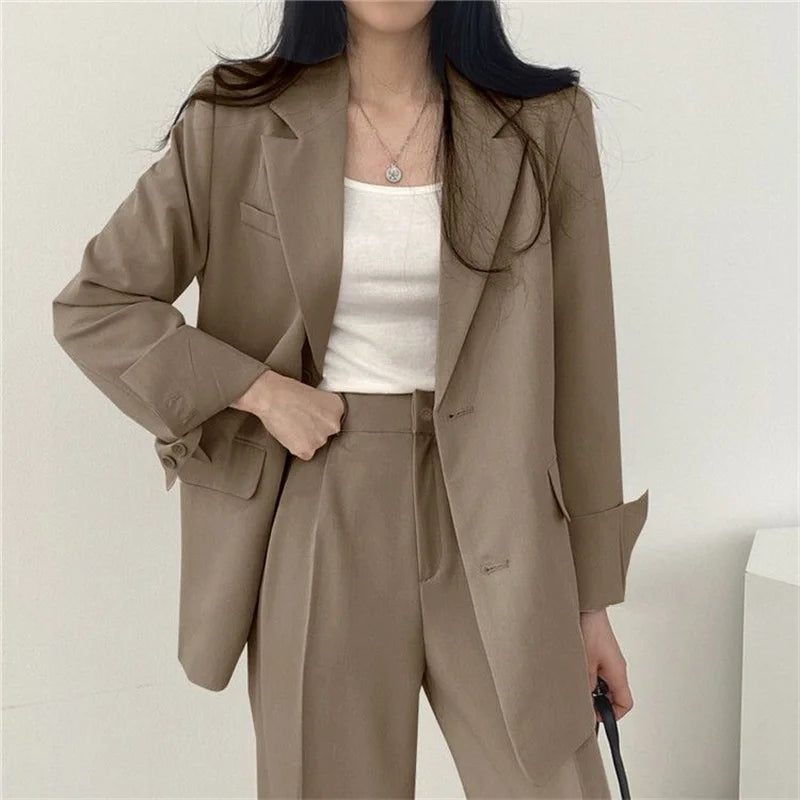 2026 Female Solid Color Blazer 2PCS Autumn Women Lapel Tops High Waist Outfit Korean Ladies Long Sleeves Suit Wide Leg Pants