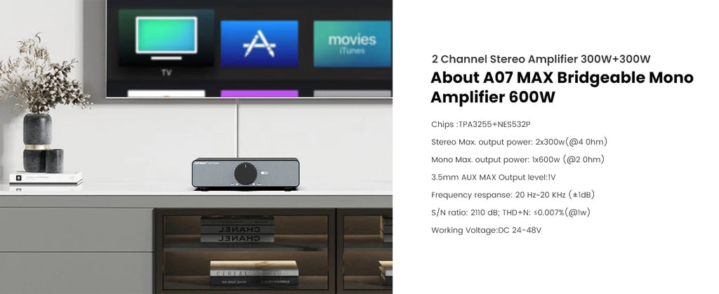 AIYIMA A07 MAX Amplifier Home Audio 300W X2 TPA3255 Class D Power Speaker Amp 2 Channel Bridgeable Mono 600 W Stereo Amplifier