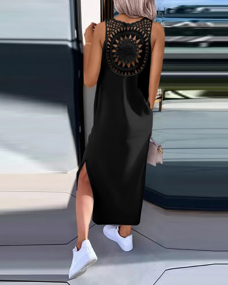 Summer Casual Temperament Fashionable Slim Fit Solid Color Round Neck A-line Skirt Lace Lace Lace Back Sleeveless Slit Dress