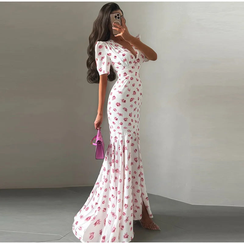 Slim Printed Waist-cinching Fishtail Dress 2026 Summer New Ladies Sexy V-neck Short Sleeve Split Long Robes Women's Party Gowns