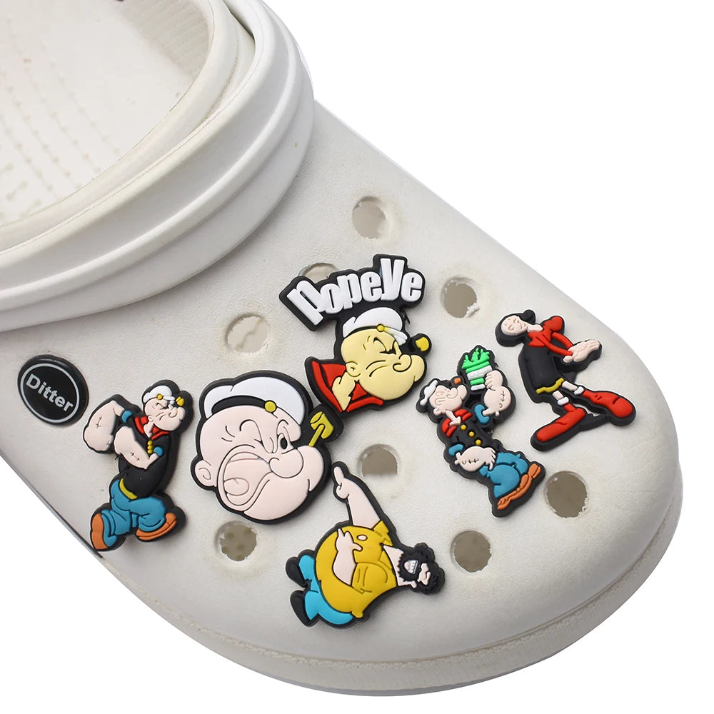 1-8pcs Hot toys Popeye PVC Cute Cartoon shoes Charms Accessories DIY Detachable Waterproof PVC Shoe Decorations for Party Gifts