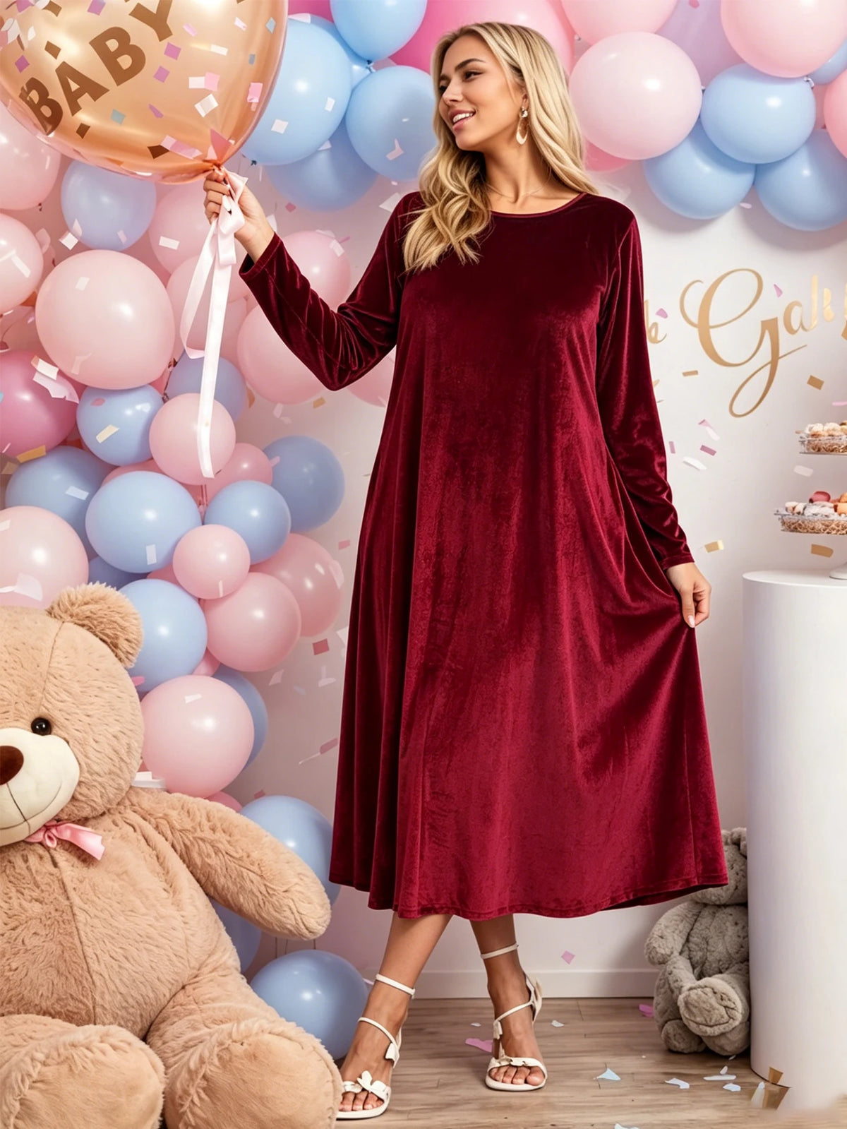 Maternity Autumn Winter Golden Velvet Pocket Long Sleeve Dress Formal Party Gala Long Dress Burgundy Maternity
