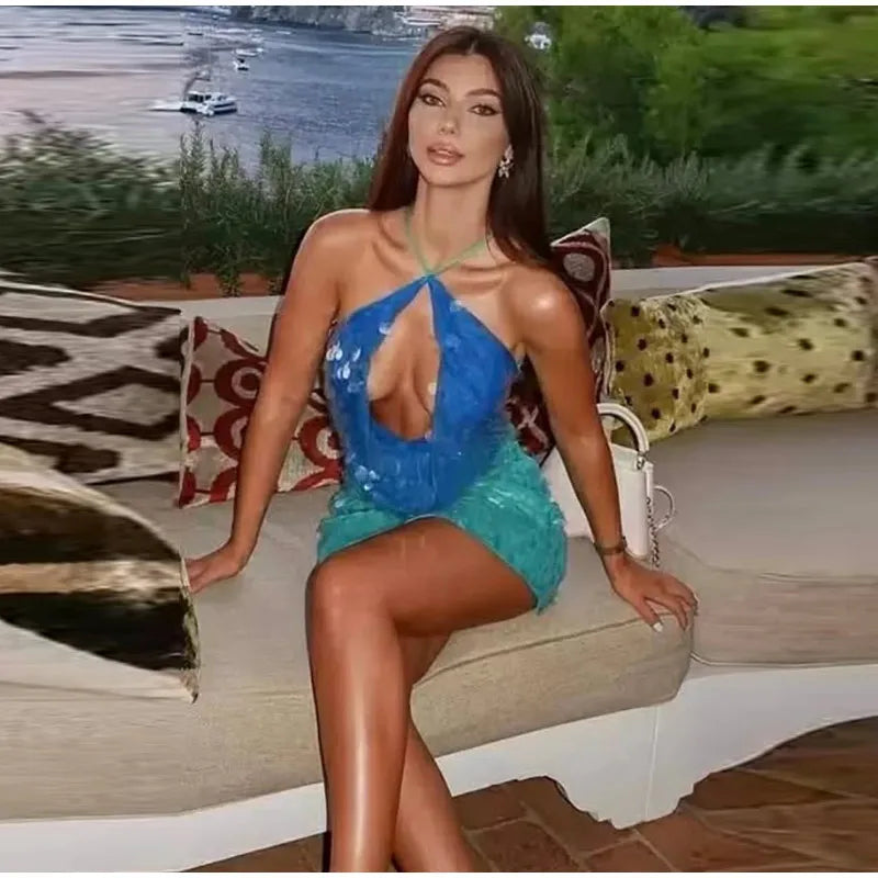 Sequins Halter Hollow Out Dress Women's Sexy Backless Sleeveless Contrast Color Mini Dresses 2026 Summer New Lady Beach Robes
