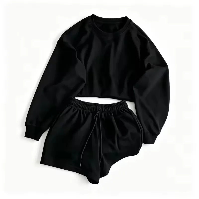 spring autumn Womens Round neck long sleeve Sweatshirt Two Piece Set Casual Sweatshirt+shorts Womens suit Daily Womens Tracksuit
