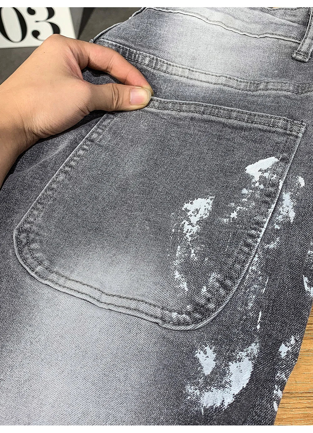 Men Painted Flared Denim Jeans Spliced Slim Boot Cut Pants Vintage Grey Cotton Released Hem Trousers