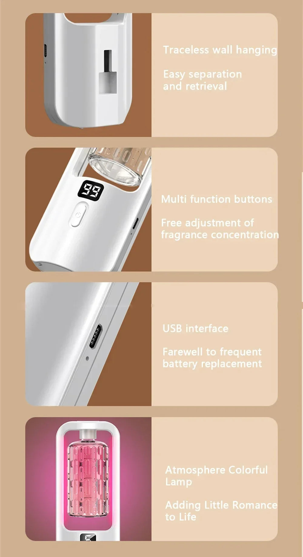 Wall-mounted Essential Oil Diffuser with Cool Mist Spray USB Rechargeable Essential Oil Aromatherapy Machine Air Freshener