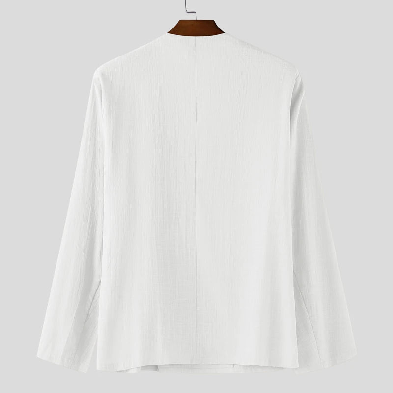 INCERUN Men Shirt Solid Color V Neck Long Sleeve One Button Male Shirts Streetwear 2025 Autumn Cotton Casual Men Clothing S-5XL