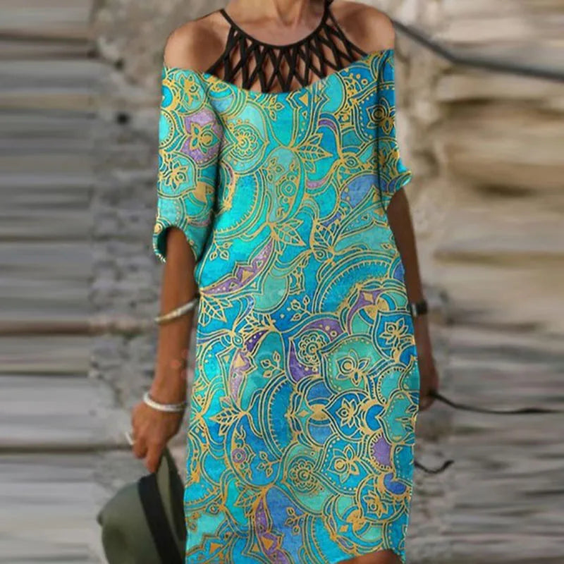 Fashion Retro Printing Women Dress Sexy V-Neck Short Sleeve Loose Beach Homewear Dress Summer Casual Comfy Female Model Dress