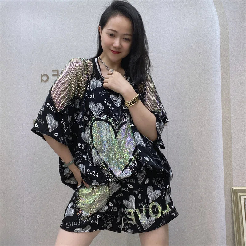 2pcs Plus Size Set For Women Spring Summer Chiffon Suit Hollow Out Shoulder Short Kit Matching Sports Wear