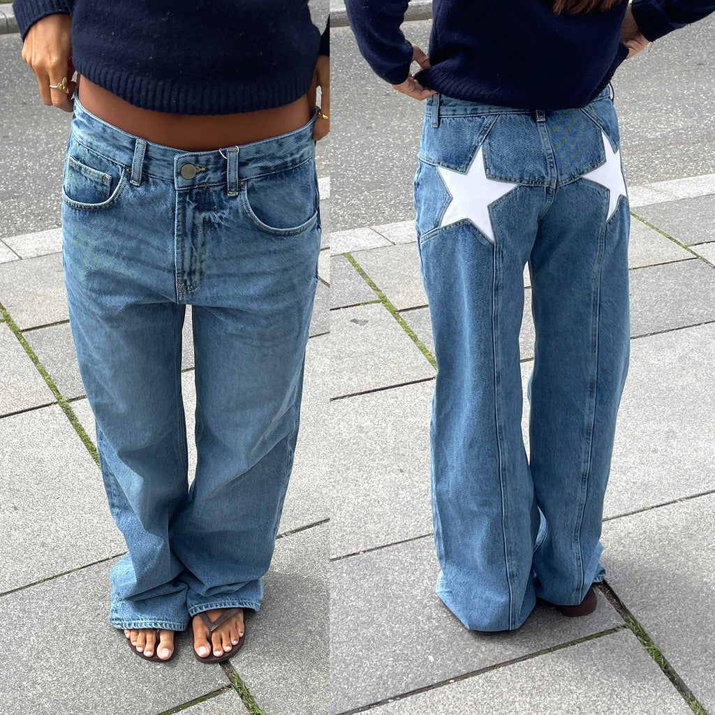 Women's Y2K Vintage Jeans Aesthetic Star Pattern Print Loose Straight Leg Denim Long Pants Casual Low Waist Trousers