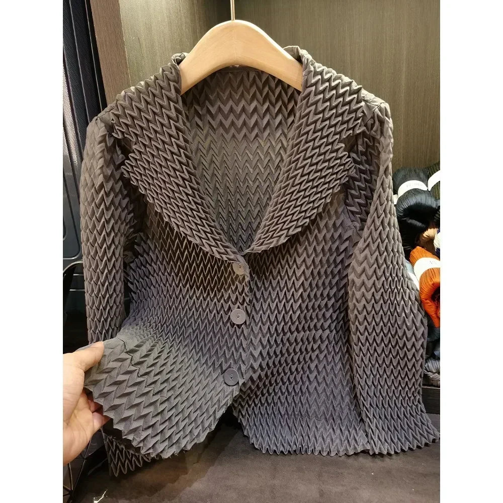 Pleats Original High-end Simple Solid Wave Pleated Small Suit Casual Versatile Long-sleeved Short Jacket Female Spring New