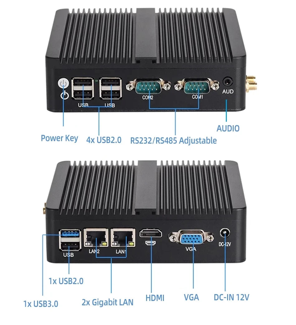 XCY Mini PC Intel Celeron J6412 Quad Cores 2x RS232/485 Dual Ethernet Mini PCIe HDMI VGA Fanless Industrial IPC Windows Linux