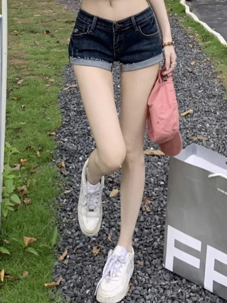 Summer New Women Low Waist Denim Shorts Pants Girls Korean Slim Fit Hot Pants Female Elastic Sexy Deep Blue Hip Wrapping Jeans