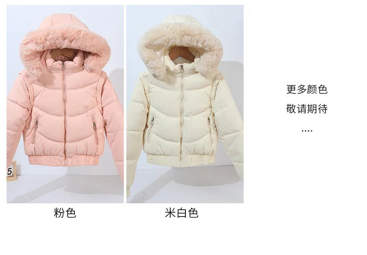 Winter Thickened Short Korean-Style Cotton-Padded Jacket with Fur Collar for Petite Women Warm Coat down Filled