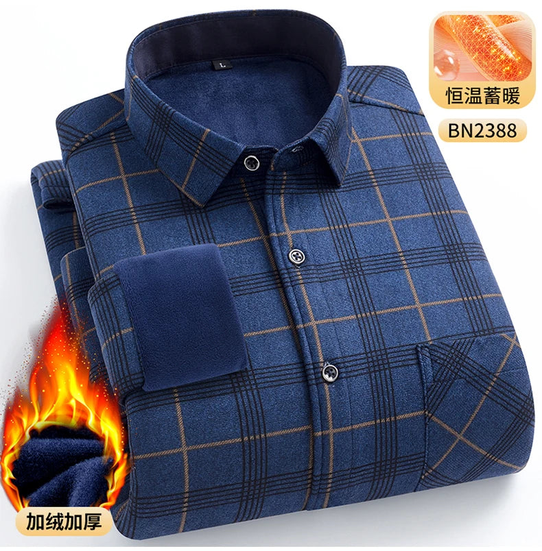 Men's Warm Long-Sleeved Shirt with Double-Sided Fleece, Winter Casual, Cold-Resistant, Street Fashion, Comfortable and Versatile