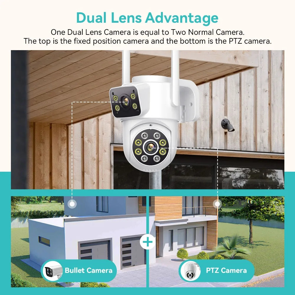 4K 8MP PTZ WiFi Surveillance Camera Dual Screen AI Human Detection Wireless Outdoor IP66 Waterproof CCTV Security P2P iCSee APP