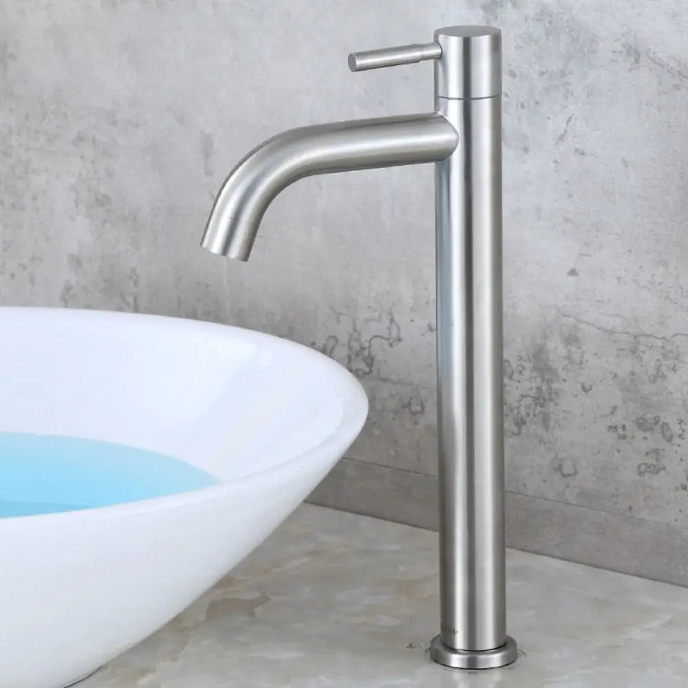 Stainless Steel Heighten Washbasin Faucet Silver/Black Quick Open Single Cold Faucet Rust-proof Sink Water Tap Bathroom Counter