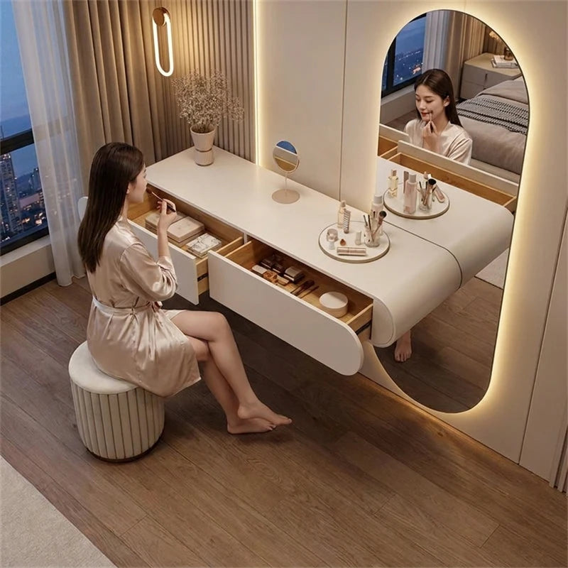 Nordic Wall-mounted Makeup Vanities European Bedroom Furniture Wooden Storage Dressing Table with Full-length Mirror Vanity Desk