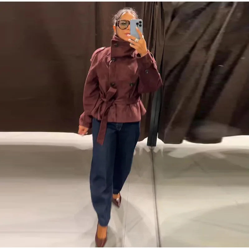 Faux Suede Women Winter Jacket Belted Waist Autumn Coat Stand Collar Short Jacket Cargo Jacket Daily Commute Wear Street Style