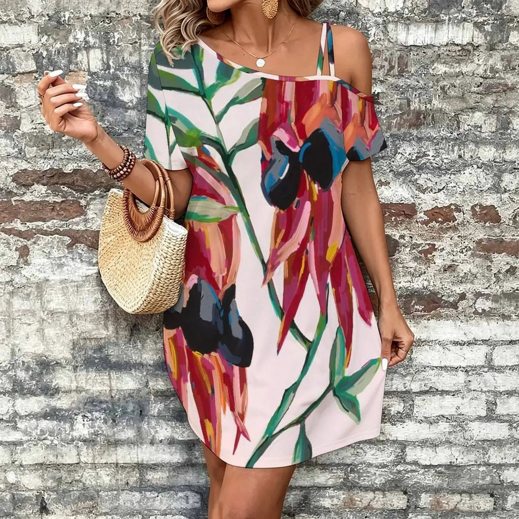Australian Sturt Desert Peas Women's Slanted Shoulder Single Strap Short-Sleeved Dress
