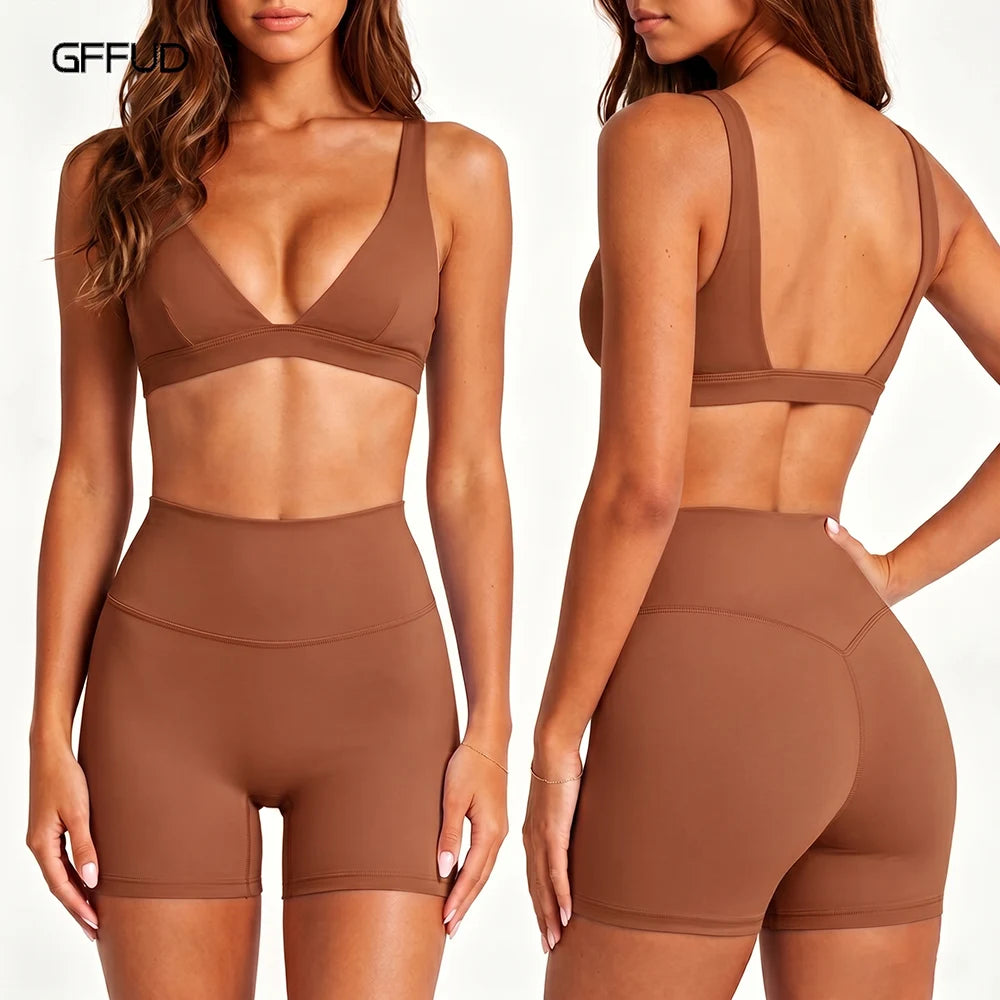 Women's Yoga Set V Neck Push Up Sports Bra High Support Shockproof + High Waist Quick Dry Tummy Control Gym Shorts 2 Piece Set