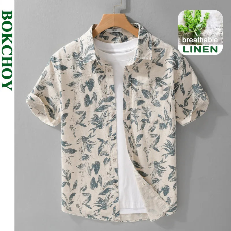 Summer New Printed Breathable Linen Cotton Short Sleeve Shirt for Men Clothing Casual Turn-down Collar Summer Shirt FY736