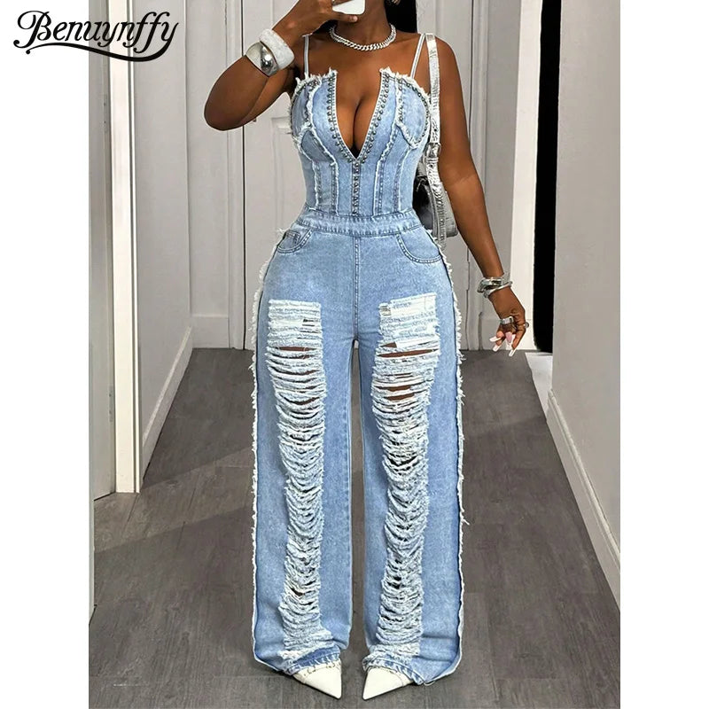 Benuynffy Sexy Spaghetti Strap Denim Jumpsuit Women Streetwear High Waist Backless Zipper Ripped Straight Leg Jeans Jumpsuits