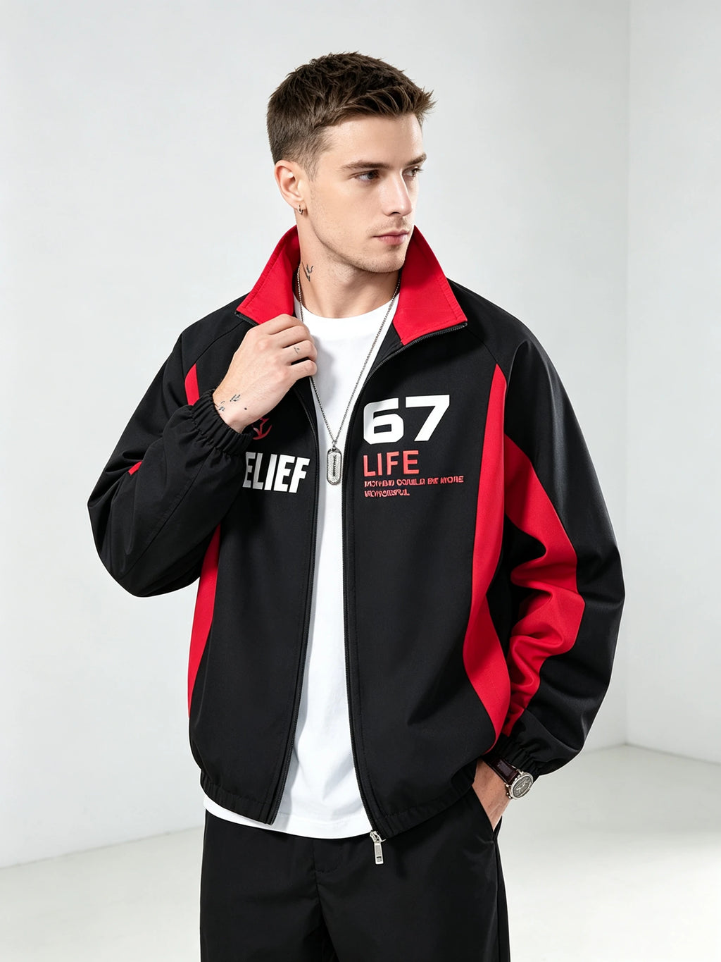 Men's Black Red Color Block Stand Collar Jacket Letter Print Zip Up Casual Streetwear Outerwear